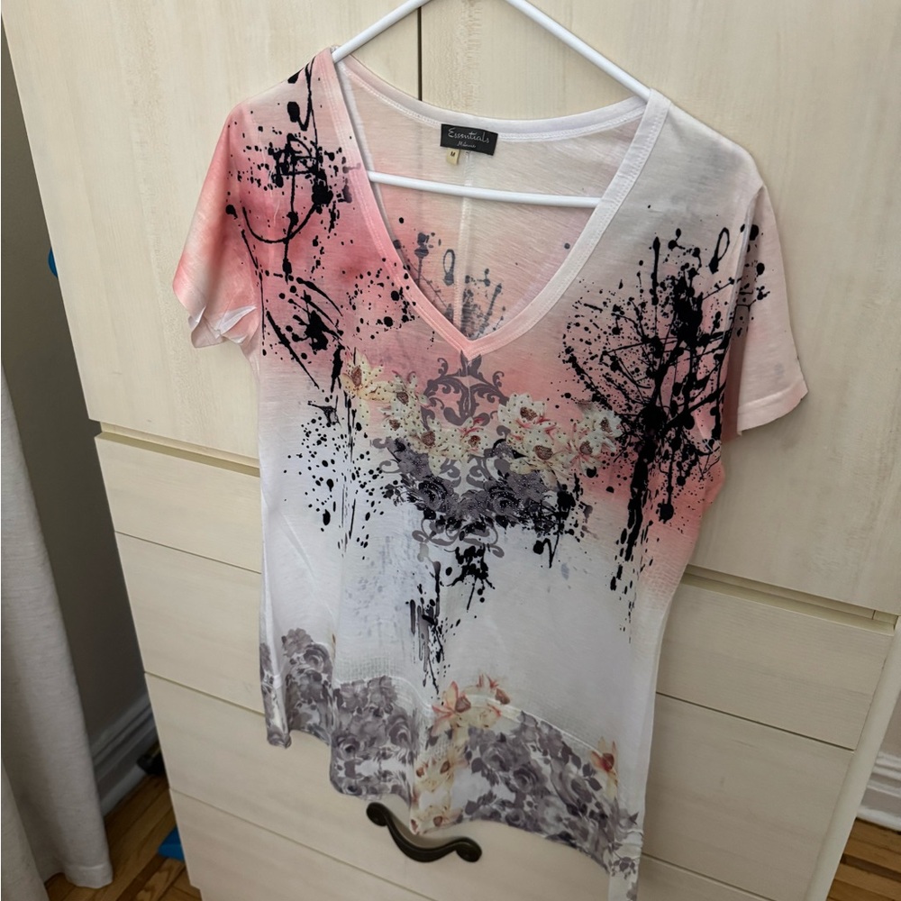 Essentials Pink and Black Artistic V-Neck Tee